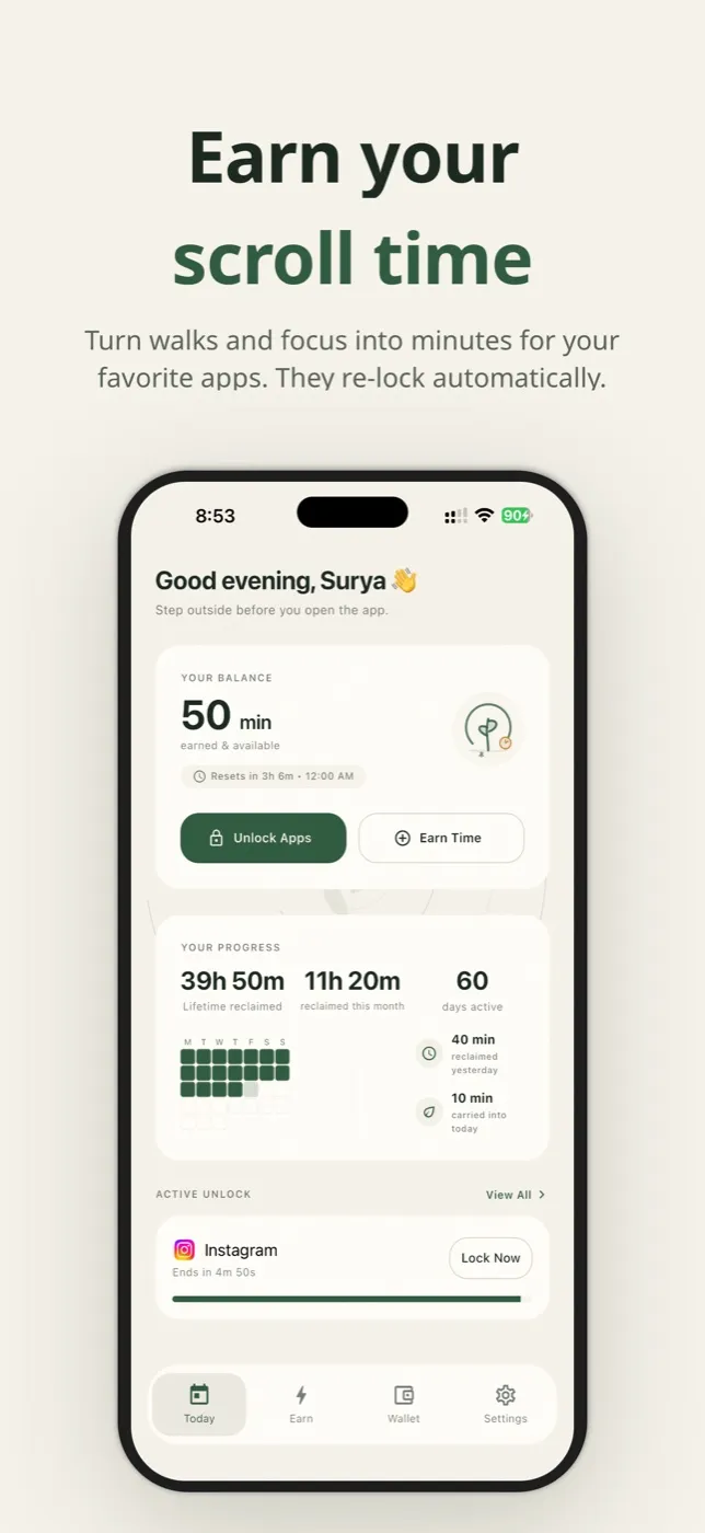 The Today screen: an earned balance of 50 minutes, progress for the month and an active Instagram unlock.