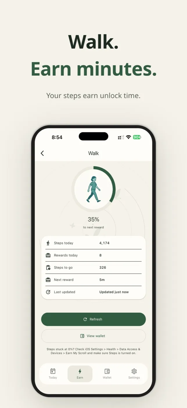 The Walk screen: steps taken today and progress towards the next reward.
