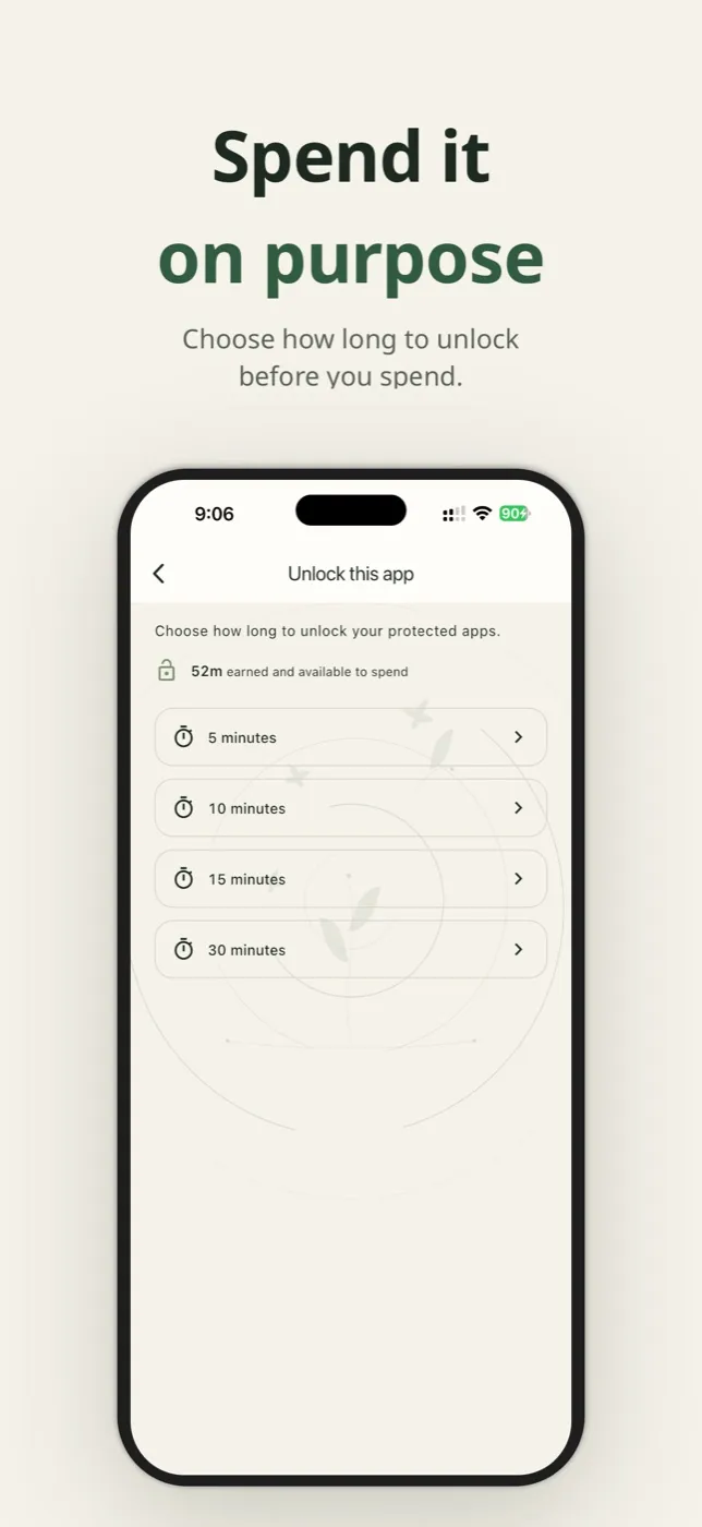 Choosing how long to unlock an app: 5, 10, 15 or 30 minutes.