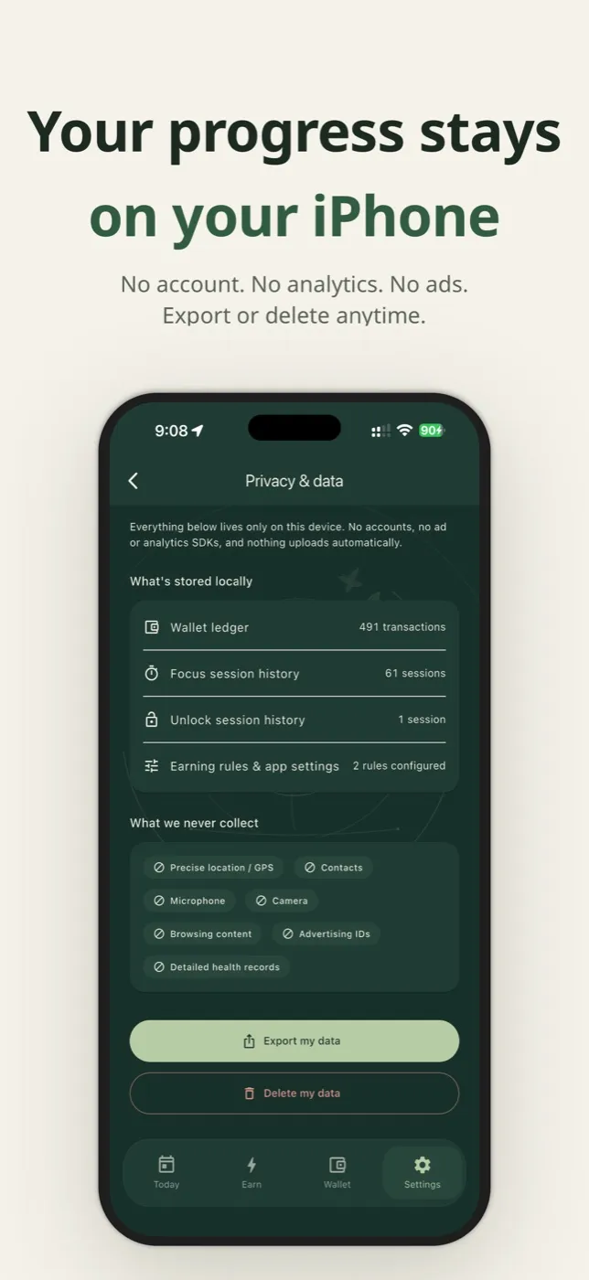 The Privacy and data screen: what’s stored on the phone, what’s never collected, and buttons to export or delete your data.